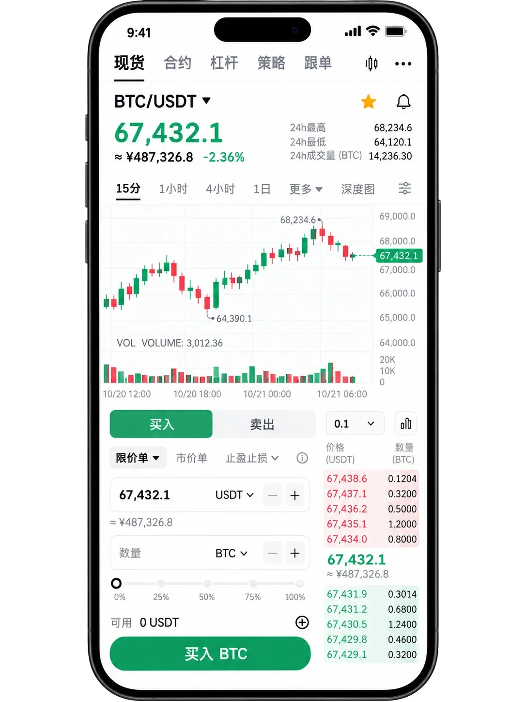 OKX 现货交易手机界面